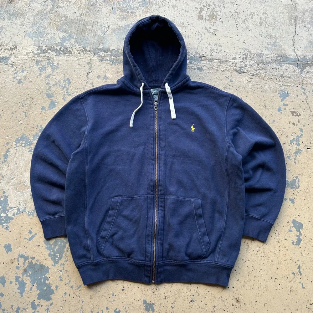Polo Ralph Lauren Navy Blue Full Zip Hoodie Yellow Pony Mens 2XLT Sweatshirt